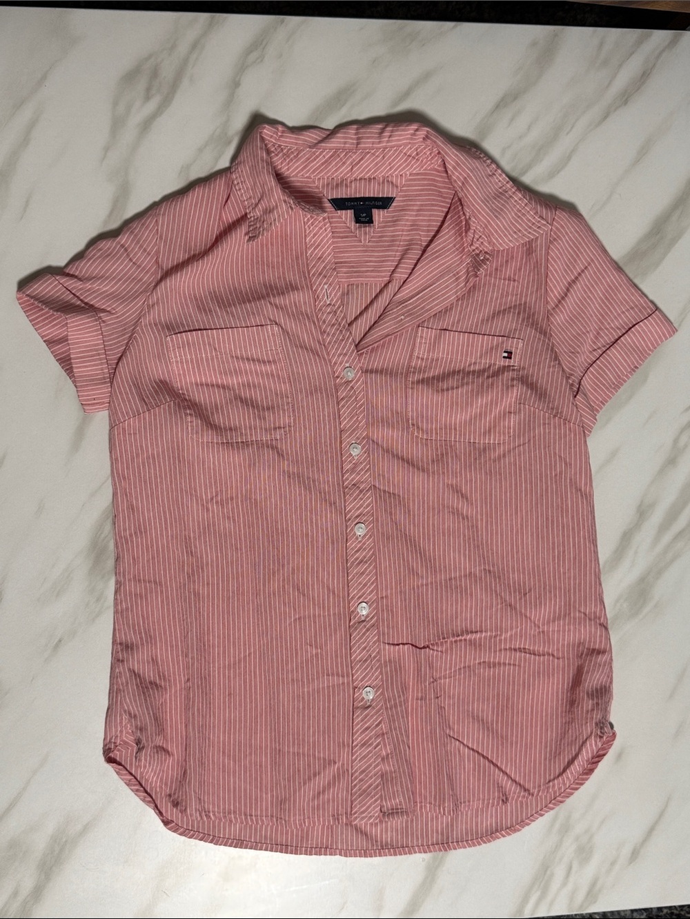 Tommy Hilfiger Pink and White Striped Short-Sleeve Button Shirt